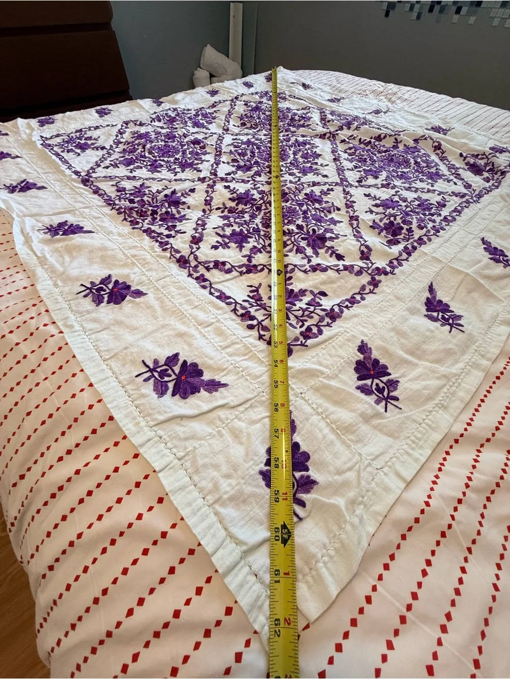 Embroidered Cream Table Linen with Violet Floral Design
